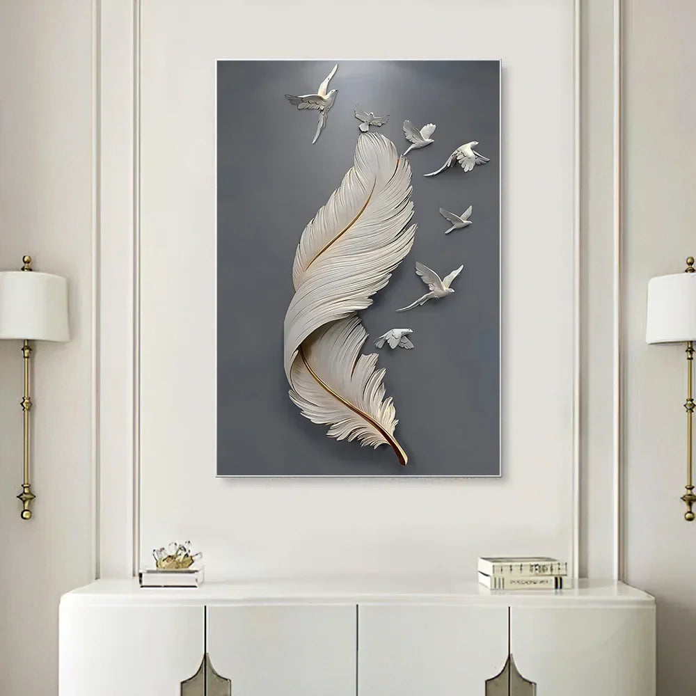 Seven Birds Feather Wall Art Fine Art Canvas Prints 3d Visualisering Minimalistisk Abstrakt Bilder For Stue Entré, Foyer Kunst Dekor | Skanto