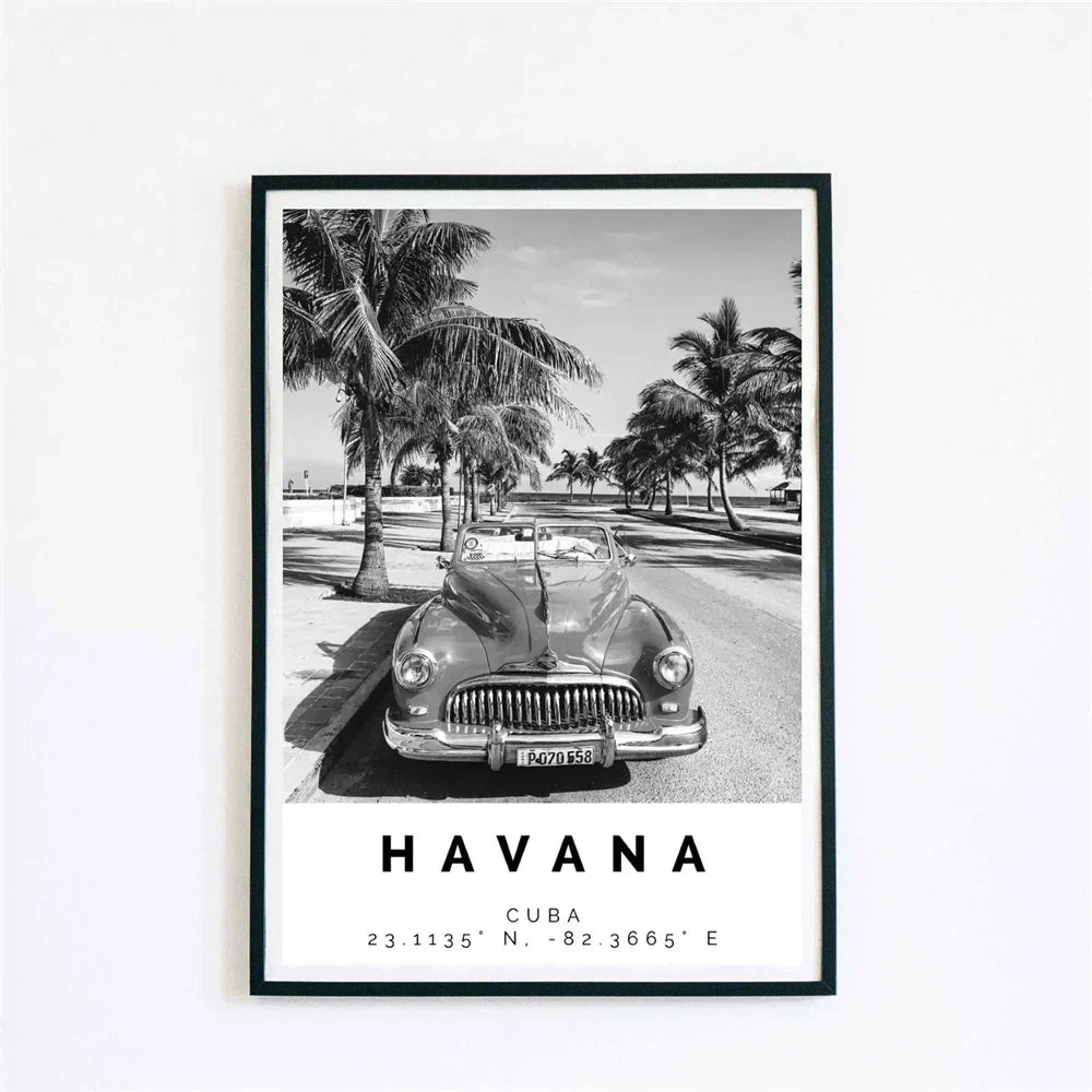Cuba Havana Black & White Reiseplakat Veggkunst Fine Art Lærred Trykk Bilder For Stue Spisestue | Skanto