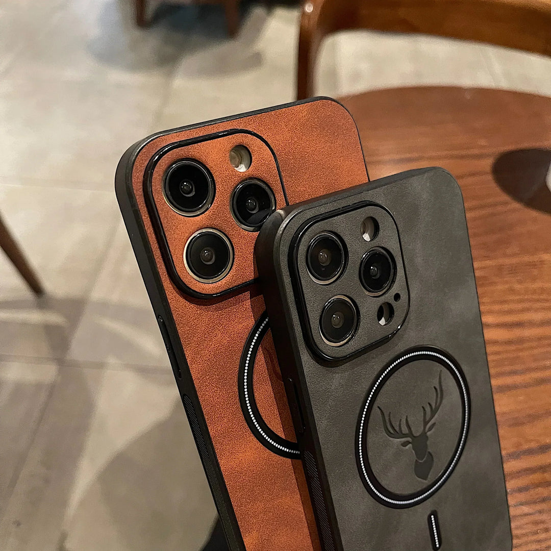 Skanto | Luxury Deer Leather Apple iPhone Case | Magnetisk telefonveske, trådløs veske, MagSafe, trådløs lading, beskyttelsesveske, deksel for iPhone 15, 14, 13 Pro Max Plus