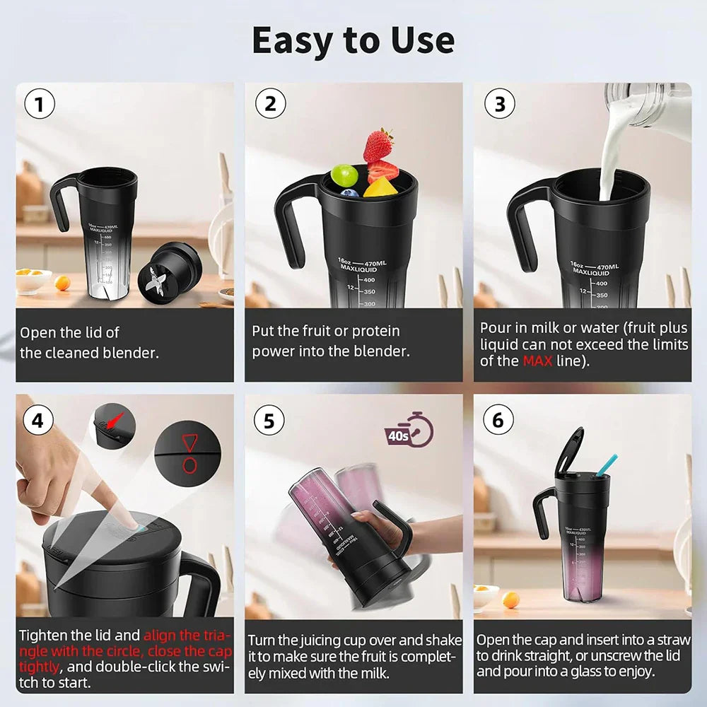 Skanto | Bærbar Juicer - Oppladbar Mini Mikser med 6 Skarpe Blader for Milkshake og Smoothies