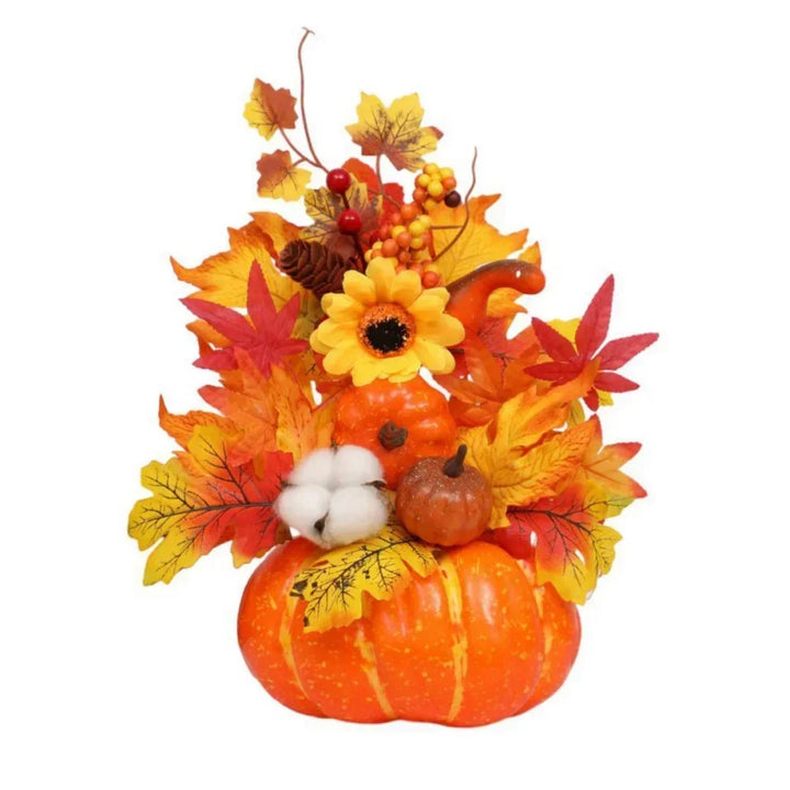 Skanto | Høstmagi | Dekorativ gresskar med kunstige blomster | 25–30 cm | Høst- og Halloween-dekor