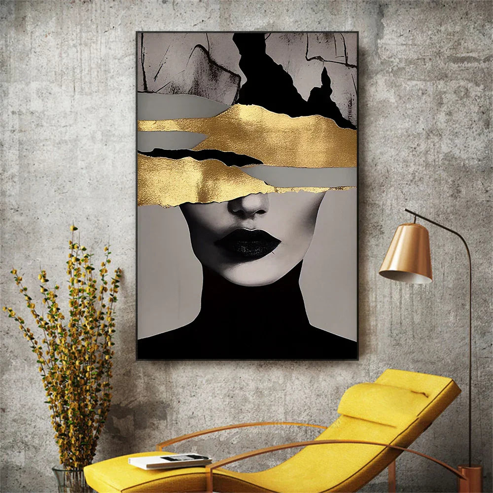 Golden Girl Fashion Veggkunst Fine Art Lerret Utskrifter Moderne Abstrakt Portrettbilder For Stue Soverom Boutique Salong Kunst Decor | Skanto