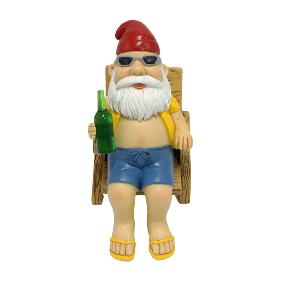 Skanto | Solbading Nisse Statue laget av Harpiks med Lenestol for Hagedekorasjon