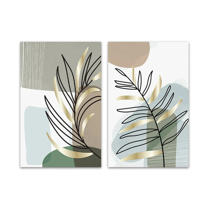 Set av 2PCS Botanisk Abstrakt Linjekunst Blader Veggkunst Fin Kunst Lerrettrykk Enkle Nordiske Bilder For Stue Dekor | Skanto