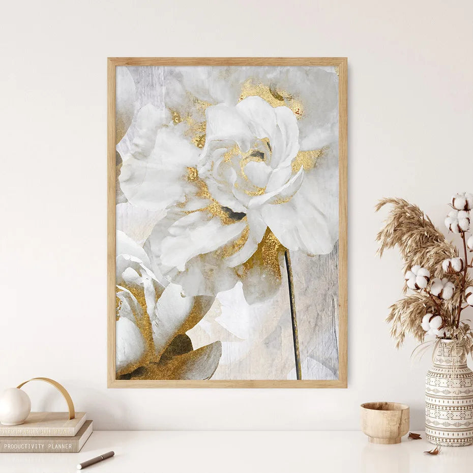 Opulent Blossoms Elegant White Flowers with Gold Accents Canvas Wall Art Fine Art Canvas Prints Posters Floral Pictures For Modern Living Room | Skanto