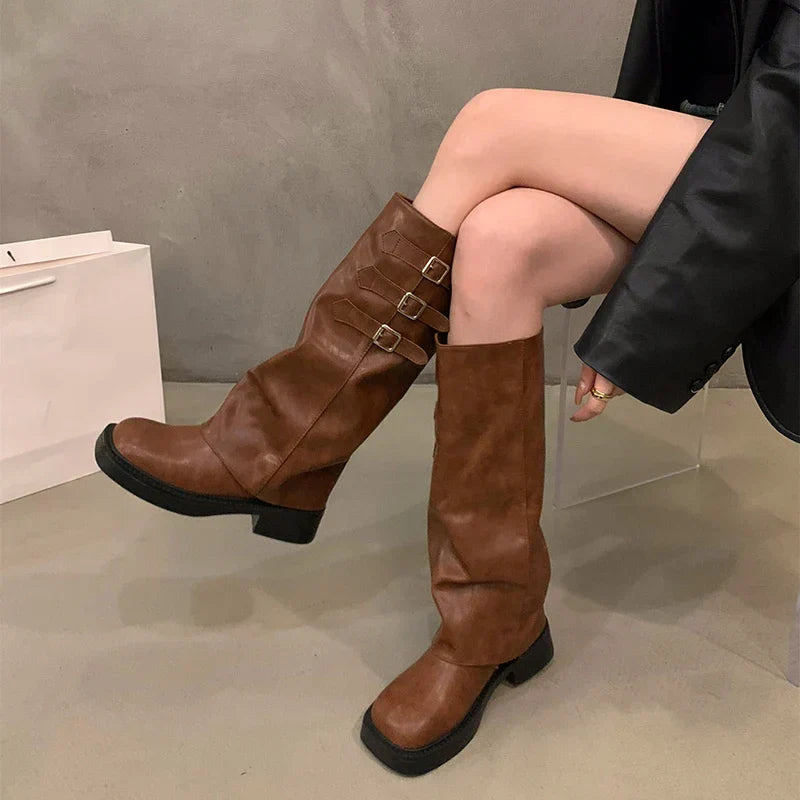 Skanto | Retro Stil Kne-Høye Støvler Kvinner Mote Kvinner Slip-On Ridder Lange Støvler Høst Vinter Kvinner Fottøy