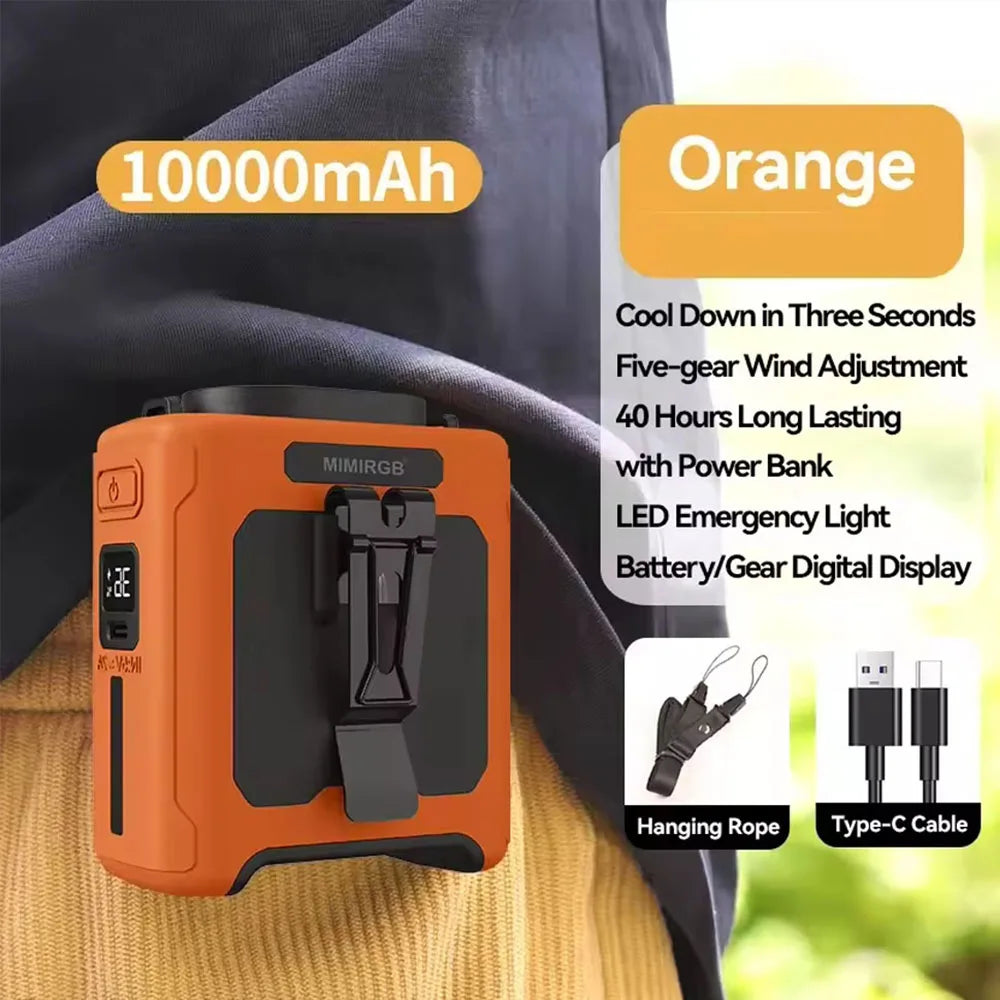 10000mAh Livstikkontaktvifte med Power Bank – Bærbar Håndfri Oppladbar Vifte | 5-Hastigheters Kjøling, Batteri Visning, USB Lading, Utendørs Bærbar Vifte | Skanto