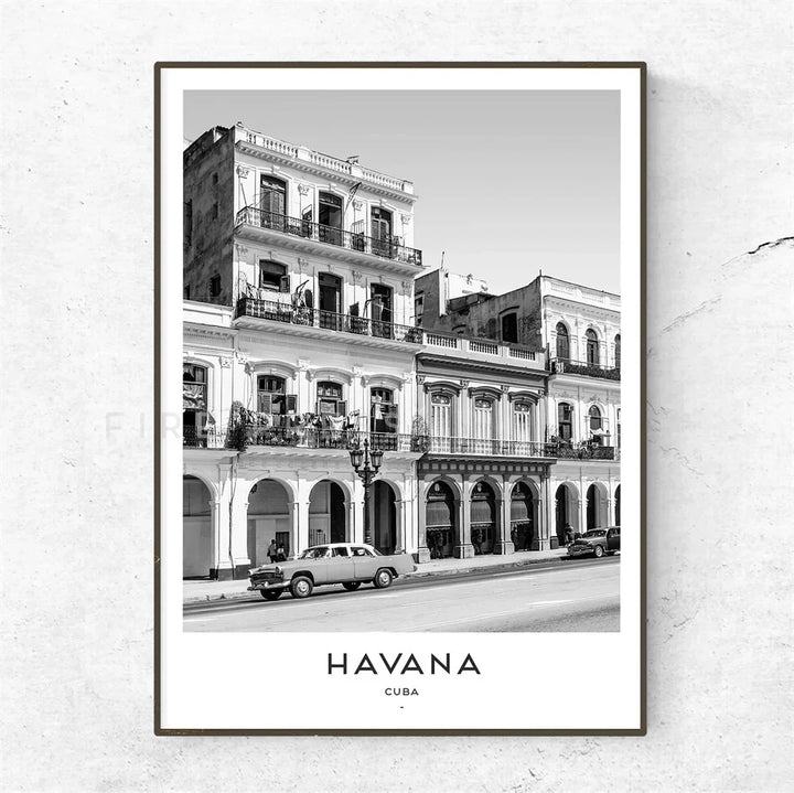 Cuba Havana Black & White Reiseplakat Veggkunst Fine Art Lærred Trykk Bilder For Stue Spisestue | Skanto