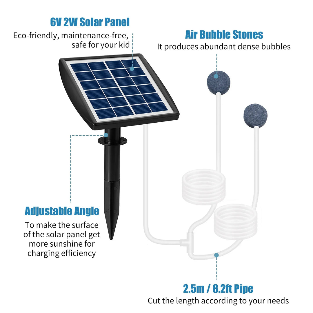 Skanto | AquaSola Solarbetriftet Oksygenpumpe med Batteri | 6V 2W | For Dammer & Akvarier | Inkludert 2 Luftsteiner & 0,25 cm Slange