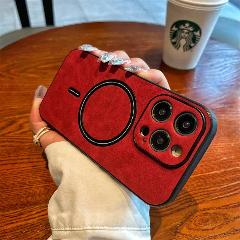 Skanto | Luxury Deer Leather Apple iPhone Case | Magnetisk telefonveske, trådløs veske, MagSafe, trådløs lading, beskyttelsesveske, deksel for iPhone 15, 14, 13 Pro Max Plus