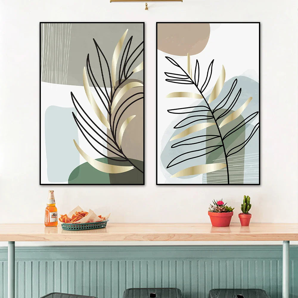 Set av 2PCS Botanisk Abstrakt Linjekunst Blader Veggkunst Fin Kunst Lerrettrykk Enkle Nordiske Bilder For Stue Dekor | Skanto
