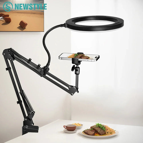 Skanto | LumiFlex LED-Ringlampe med fleksibel arm & telefonholder | 3 lysfarger & USB-port | Perfekt for livestream, video & selfie