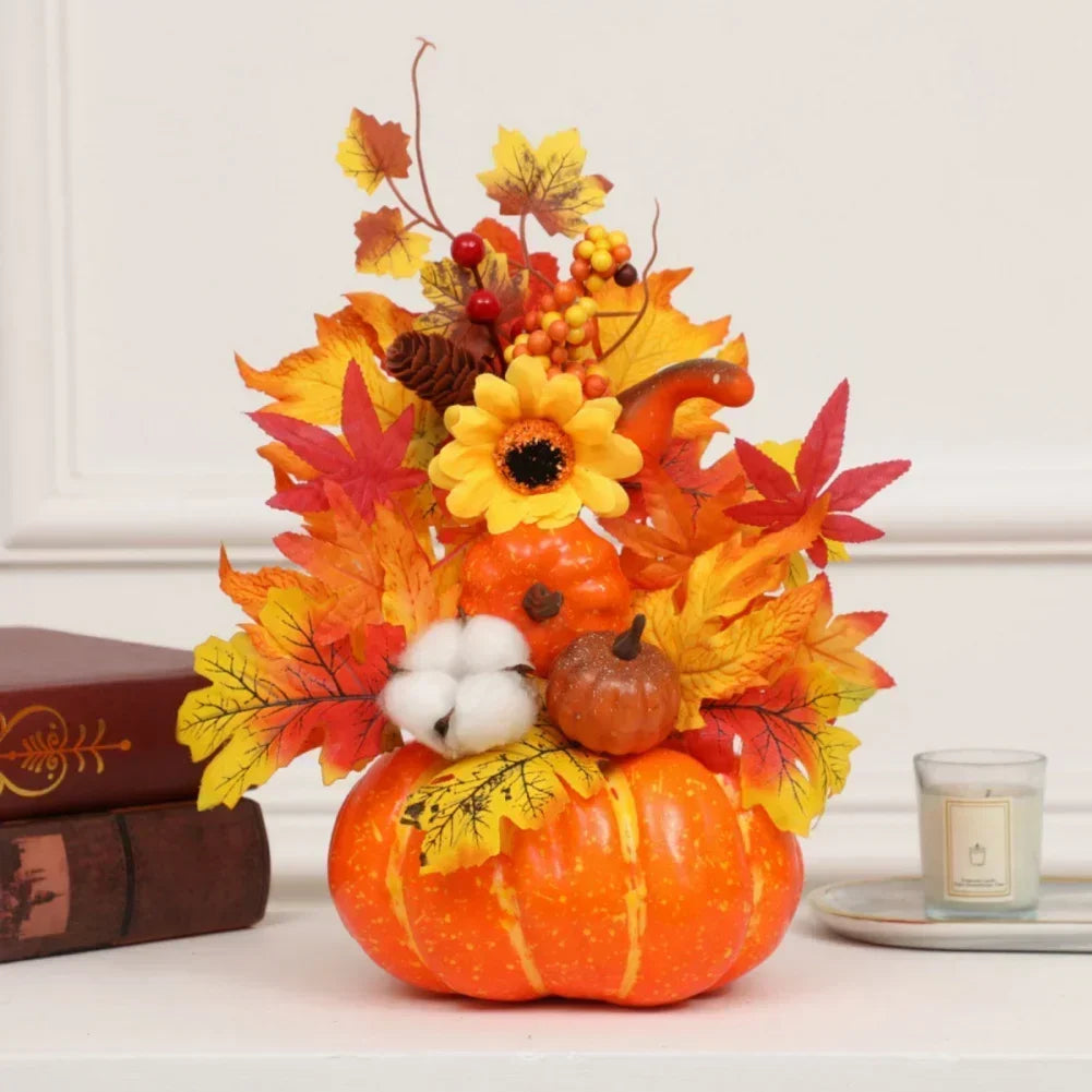 Skanto | Høstmagi | Dekorativ gresskar med kunstige blomster | 25–30 cm | Høst- og Halloween-dekor