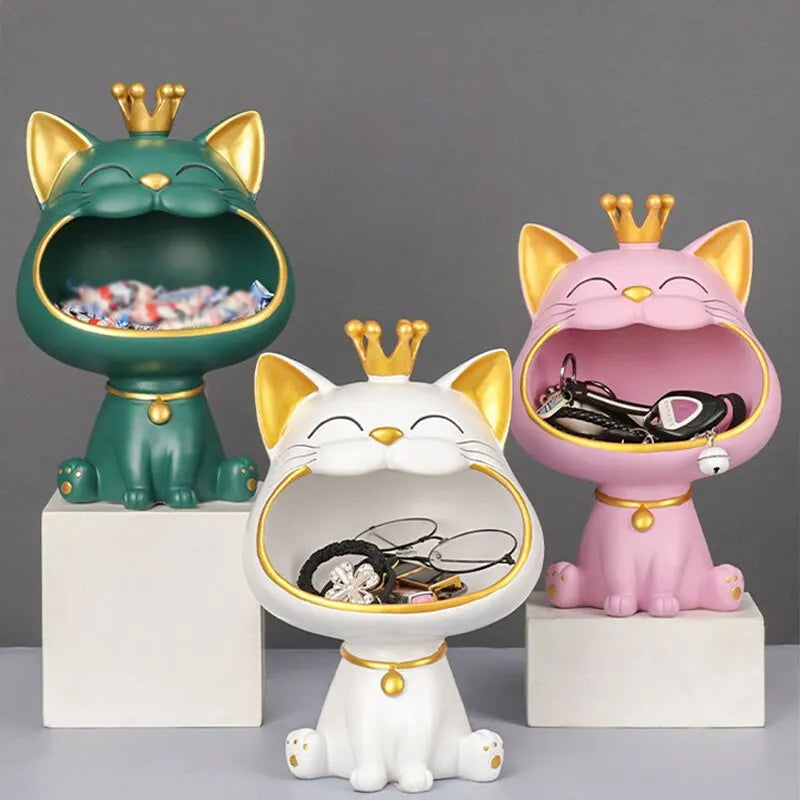 Skanto | Fortune Crown Big Mouth Cat Entrance Nøkkelholder Dekorativ Ornament, Lett Luksus Hjemmegave Skulptur