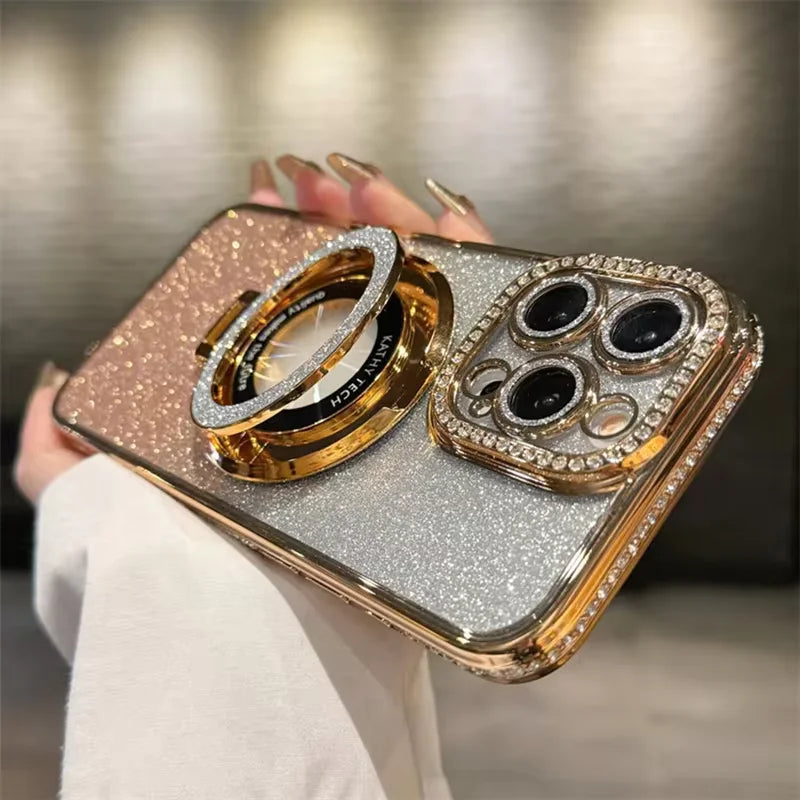 Luksus MagSafe Glitter Bling Belteveske med Ring Holder Stativ for iPhone 16 ProMax 15 11 12 13 14 Plus Diamant Trådløs Lading Silikon Deksel