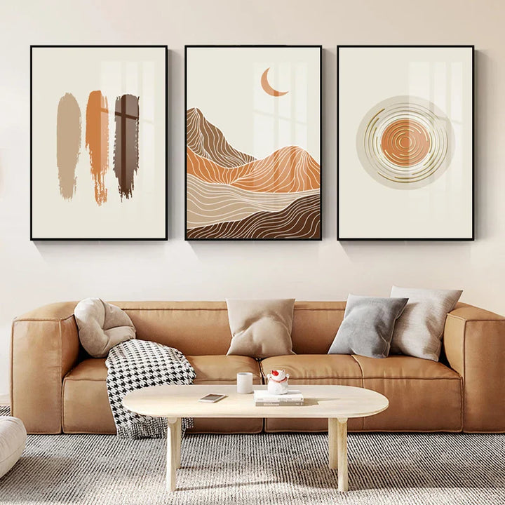 Abstrakt Geometrisk Taupe Terracotta Landskap Sol Måne Veggkunst Fine Art Lerret Trykk Bilder For Stue Soverom Kunstdecor | Skanto