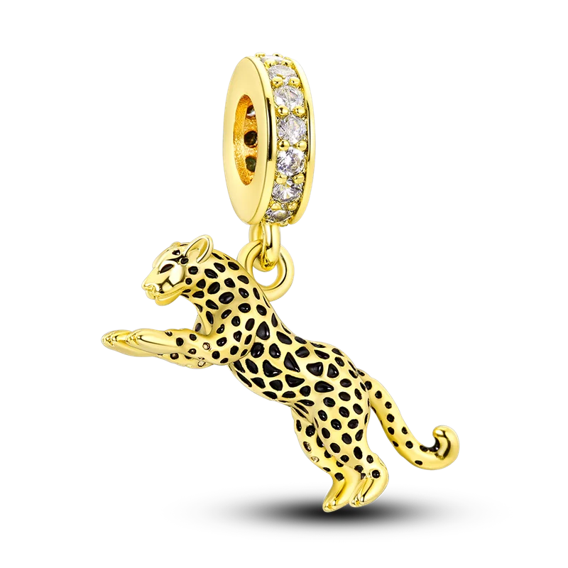 Skanto | 925 Sølv Gylden Leopard Charms Perler Fargerik Kameleon Nesehorn Løve Skarabé Katt Anheng Kompatibel med Original Pandora Armbånd Smykker