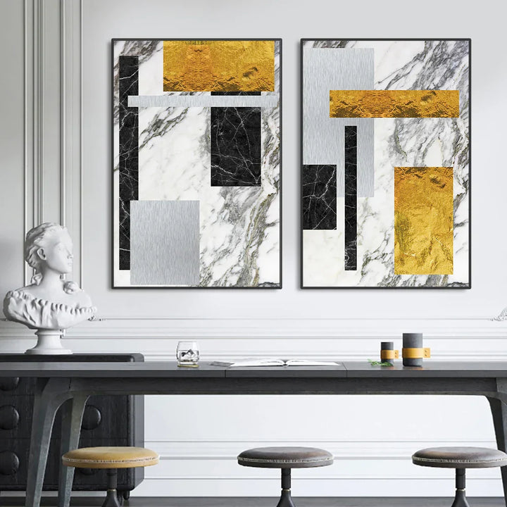 Svart Gylden Blokk Marmor Abstrakt Veggkunst Fin Kunst Lerretsutskrifter Moderne Geometriske Bilder For Stue Kontor Kunst Dekor | Skanto