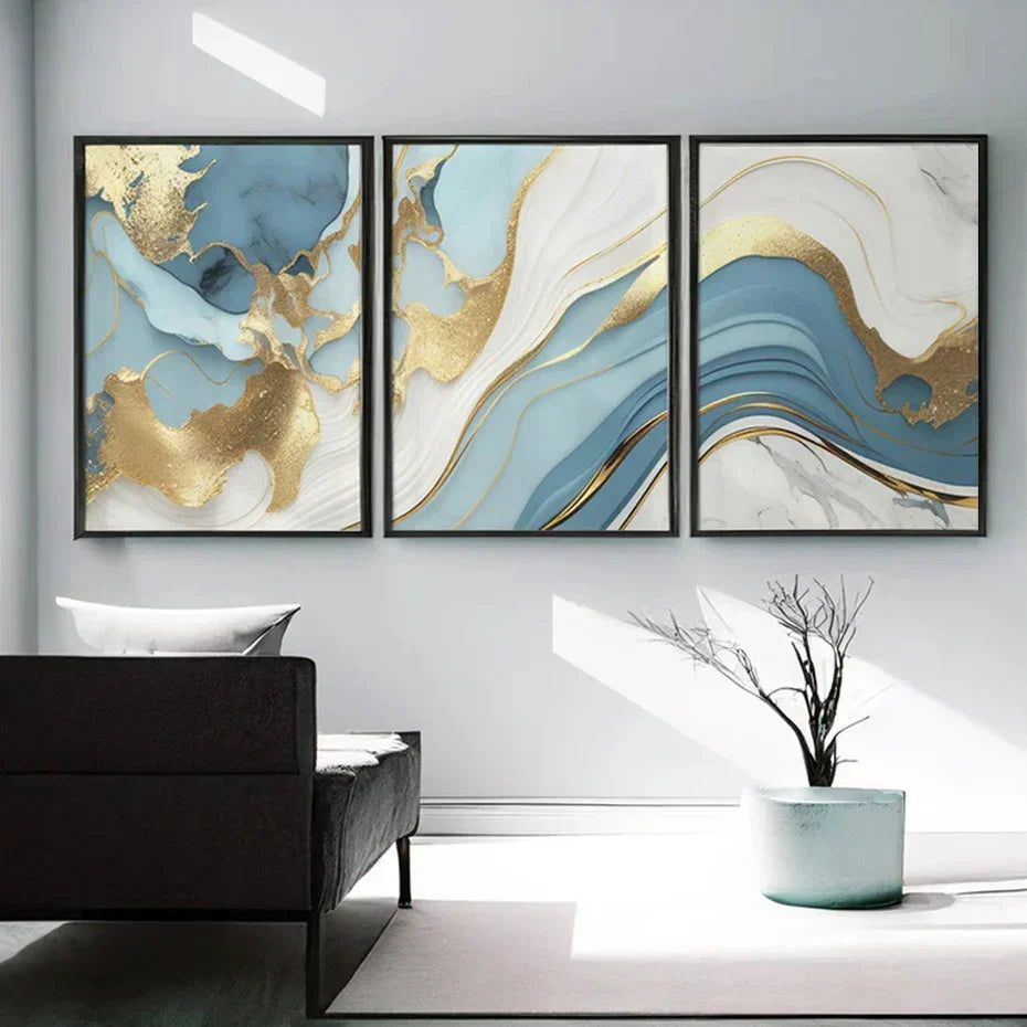 Moderne Abstrakt Gull Blå Flytende Marmor Print Veggkunst Fine Art Lerretsutskrifter Bilder For Stue Soverom Nordisk Hjem Dekor | Skanto