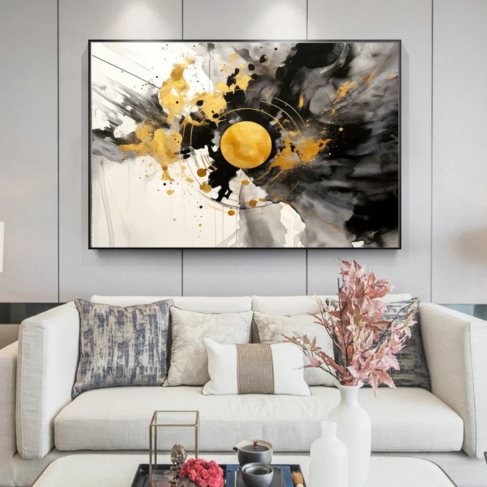 Moderne Flytende Geometri Svart Gull Abstrakt Veggkunst Fine Art Lerretsutskrifter Bilder For Stue Spisestue Hjemmekontor Dekor | Skanto