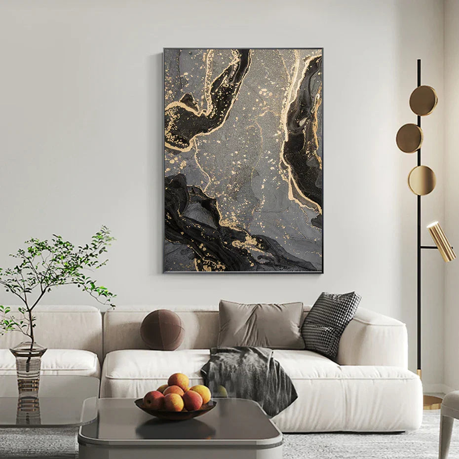 Abstrakt Svart Grå Gull Flytende Marmor Trykk Veggkunst Fin Kunst Lerret Trykk Bilder For Moderne Leilighet Stue Hjemme Kontor Dekor | Skanto
