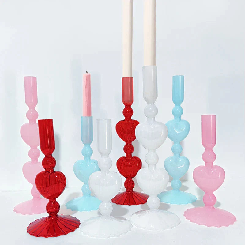 Skanto | Retro Taper Lysestake Rød Hjerteformet Glass Lysestake Bryllup Borddekorasjon Hjem Fest Glass Vase Dekor