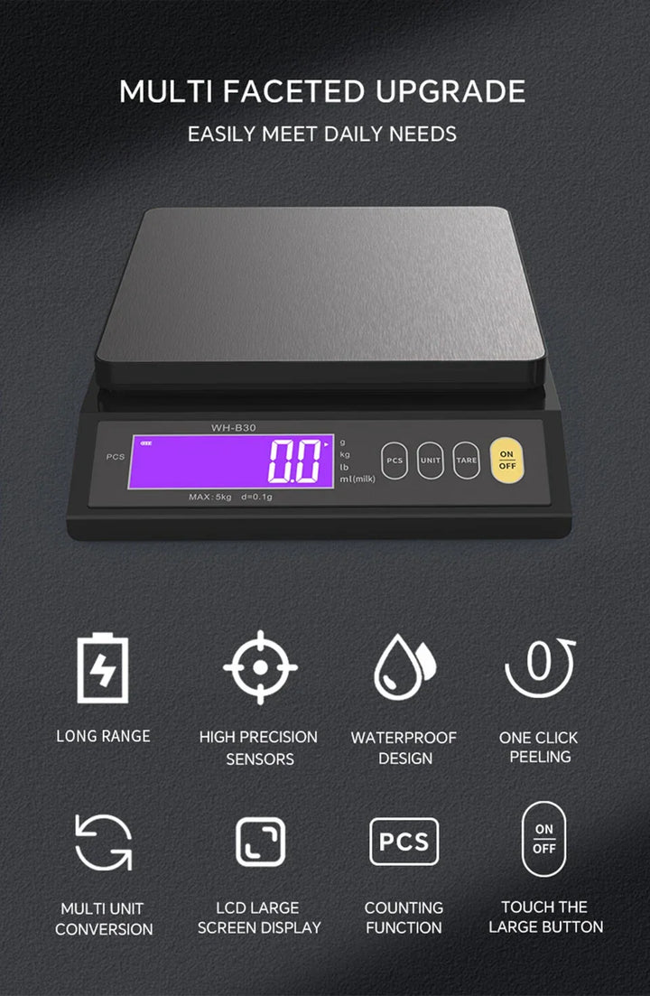 Skanto | 5 kg/0,1 g og 10 kg/1 g digital elektronisk kjøkkenvekt, LCD-skjerm, hel vanntett rustfritt stålværktøy for baking