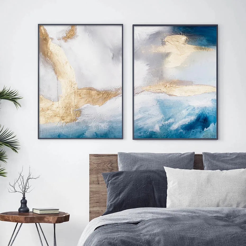 Serene Seascape Veggkunst Abstrakte Havbølger Med Gyldne Accenter Fine Art Lerretstrykk Bilder For Stue Soverom Nordisk Hjem Dekor | Skanto