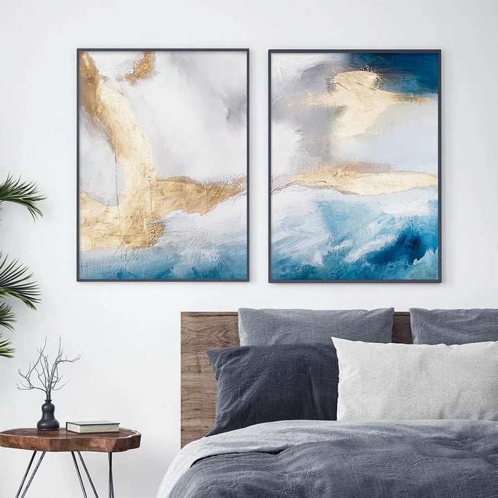 Serene Seascape Veggkunst Abstrakte Havbølger Med Gyldne Accenter Fine Art Lerretstrykk Bilder For Stue Soverom Nordisk Hjem Dekor | Skanto