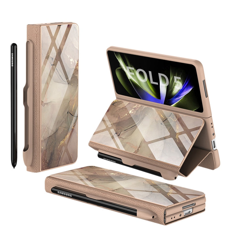 Skanto | Støtbestandig Rustningssak Glassdeksler Stativ Sett Inn Kort Lærsak for Samsung Galaxy Z Fold 5/4