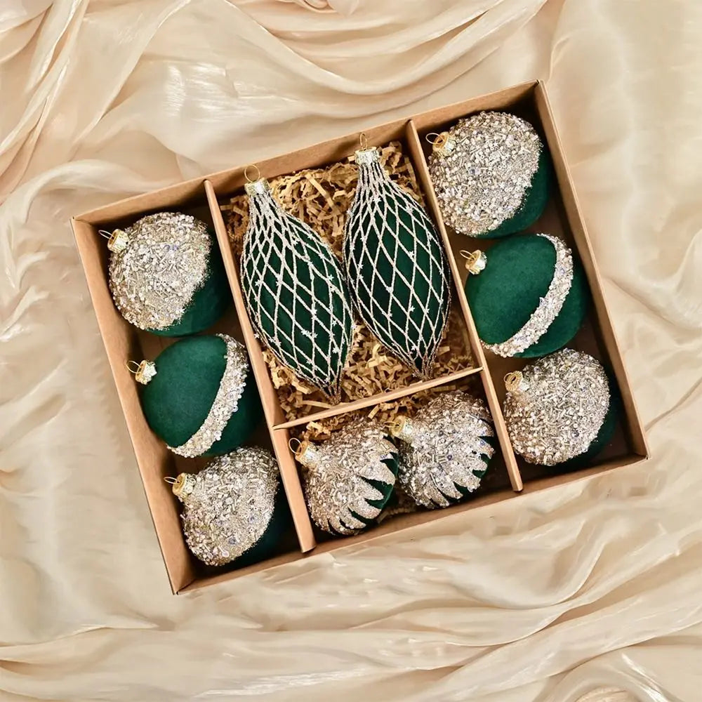 Uknuselige Glitter Fløyel Julepynt - Gjenbrukbare Flokket Hengekuler for Høytidsdekor, Solid Farge Sett 10PCS