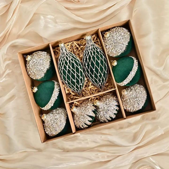 Uknuselige Glitter Fløyel Julepynt - Gjenbrukbare Flokket Hengekuler for Høytidsdekor, Solid Farge Sett 10PCS