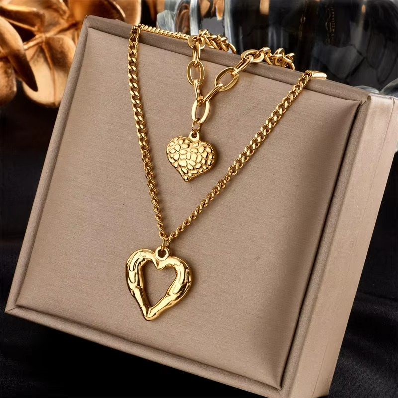 Skanto | Chic Double-Layer Heart & Cuban Link Chain Choker Necklace
