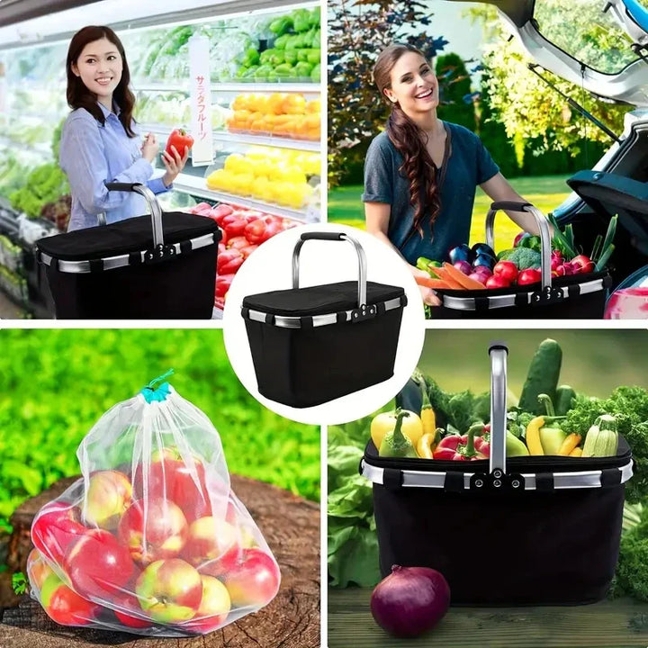 Skanto | ThermaTrip Sammenleggbar Kurv | Isolert Piknikkurv med Aluminiumsfolie & Håndtak | 3-fold Sammenleggbar | For Utflukt, Park, Shopping & Reise