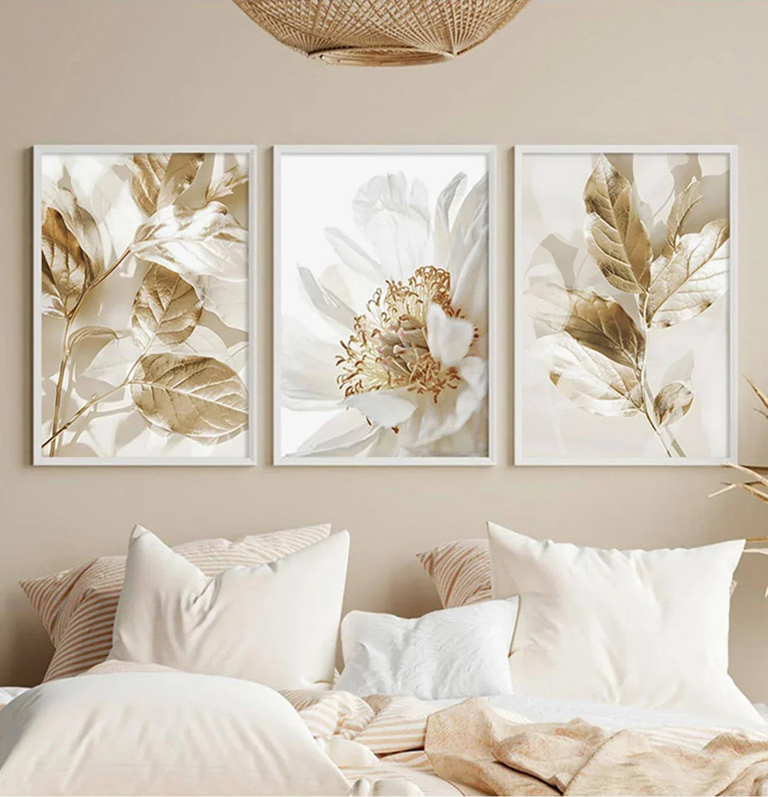 Moderne hvite & gyldne blomster veggkunst fine kunst lerretsutskrifter bilder for stue, spisestue, soverom kunstdekor (sett med 3 stykker) | Skanto