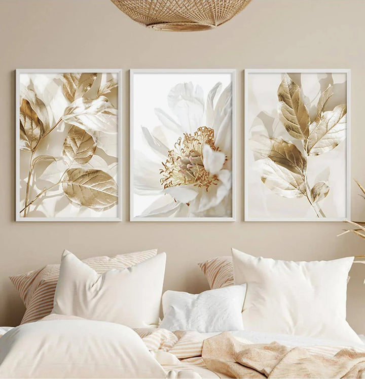 Moderne hvite & gyldne blomster veggkunst fine kunst lerretsutskrifter bilder for stue, spisestue, soverom kunstdekor (sett med 3 stykker) | Skanto
