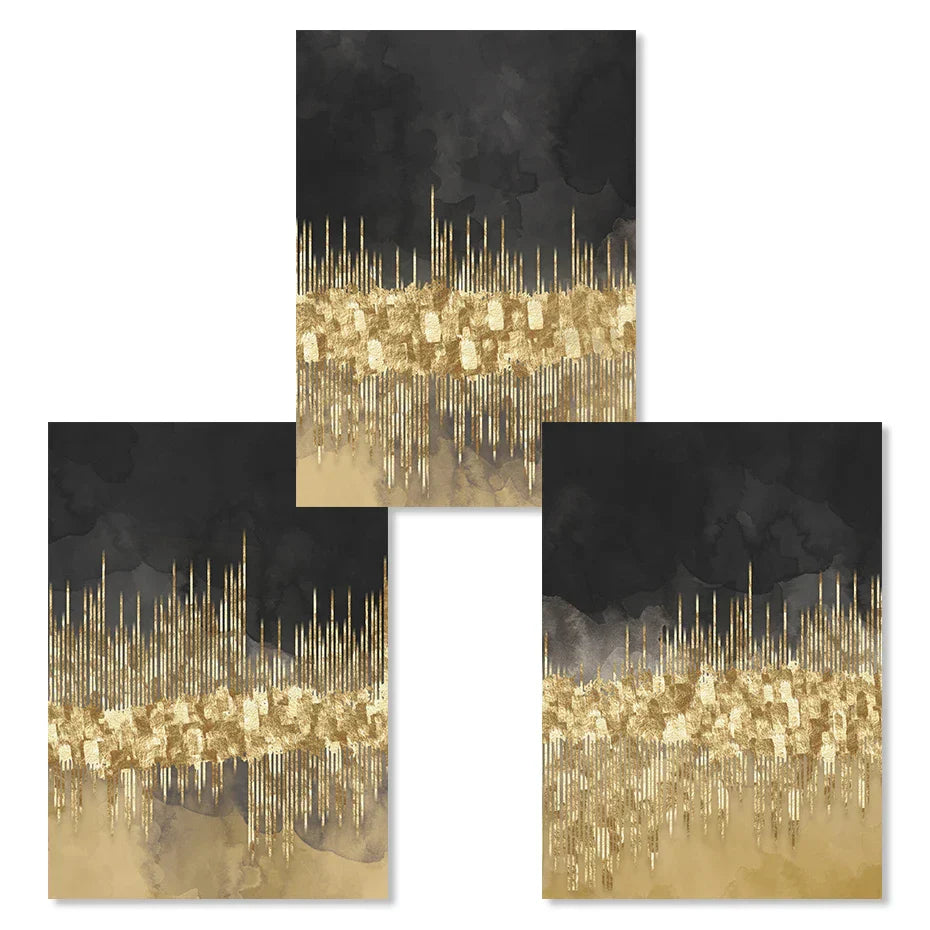 Abstract Golden Cityscape På Svart Akvarell Lerret Trykk Vegg Kunst Lys Luksus Bilder For Stue Soverom Hjemmekontor Dekor | Skanto