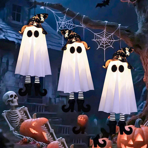 Skanto | Glow Ghost SpookyShine | LED Hengende Spøkelser | Halloween Dekorasjon | Innendørs & Utendørs | 1/2/3 Stykker