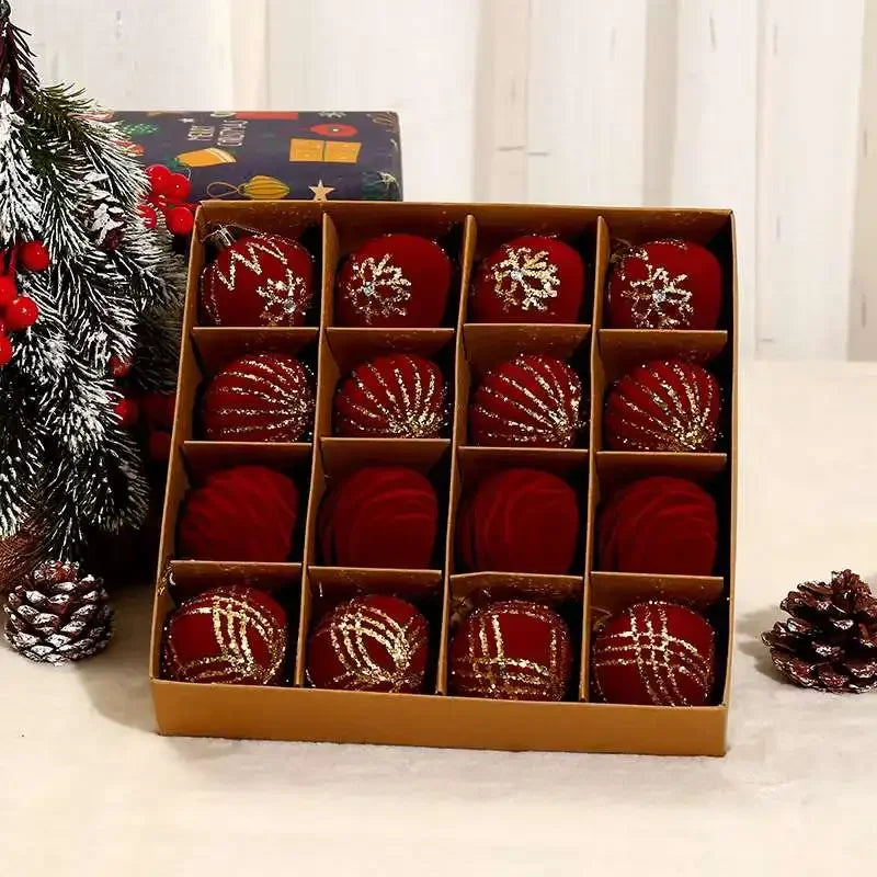 Flocking Christmas Tree Ornaments - Burgundy and Dark Green Baubles for Holiday Party Decor, Pink Christmas Ball Pendant 16PCS 6cm (2.3 inches)