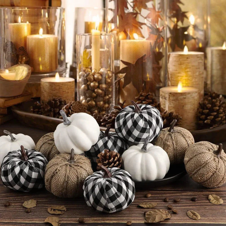 Skanto | Sett med 12 dekorative gresskar laget av jute materiale for høst og Halloween