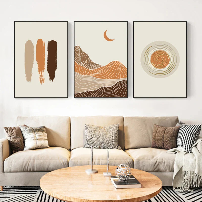 Abstrakt Geometrisk Taupe Terracotta Landskap Sol Måne Veggkunst Fine Art Lerret Trykk Bilder For Stue Soverom Kunstdecor | Skanto