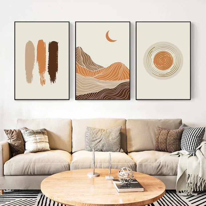 Abstrakt Geometrisk Taupe Terracotta Landskap Sol Måne Veggkunst Fine Art Lerret Trykk Bilder For Stue Soverom Kunstdecor | Skanto