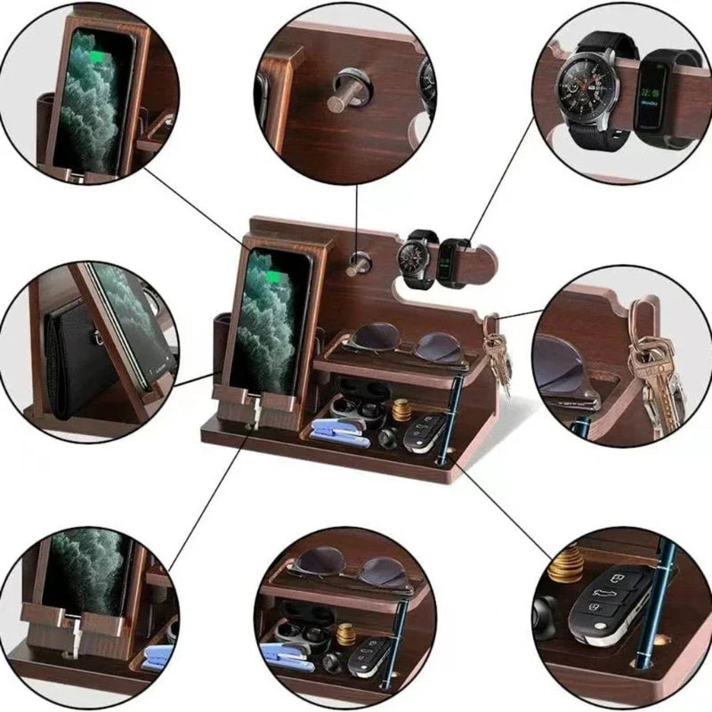 Skanto | Tre Nattbord Telefon Dockingstasjon – Multifunksjonelt Regal for Lommebok, Klokke og Oppbevaring, Ideell for Valentinsdagen
