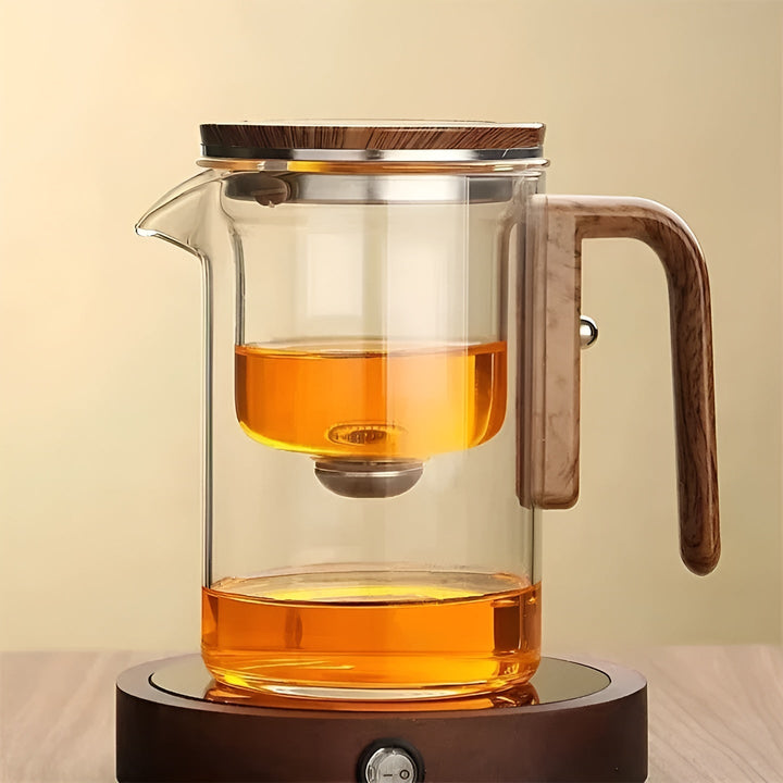 Glasstekanne med trehåndtak – filter med ett klikk | Ideell for løs te og Pu-erh-te