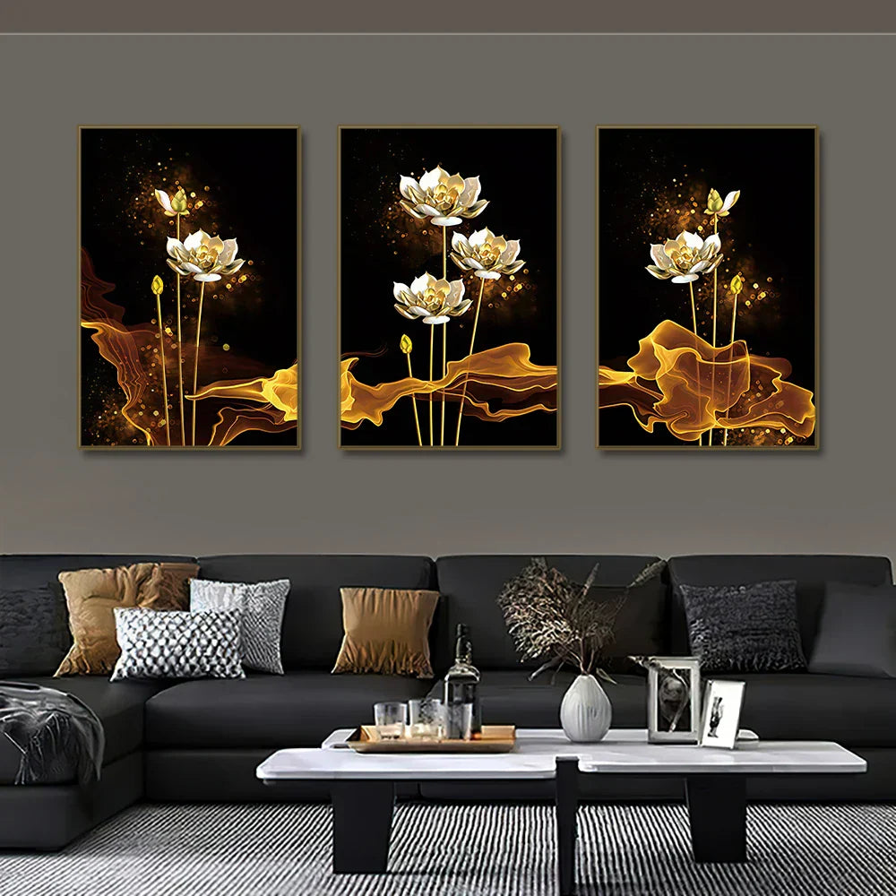 Sett med 3PCs Hvit Gylden Lotus Eksotisk Blomster Veggkunst Fin Kunst Lerret Utskrifter Eksotiske Botaniske Bilder for Luksuriøs Stue Spisestue Soverom Kunst Dekor | Skanto