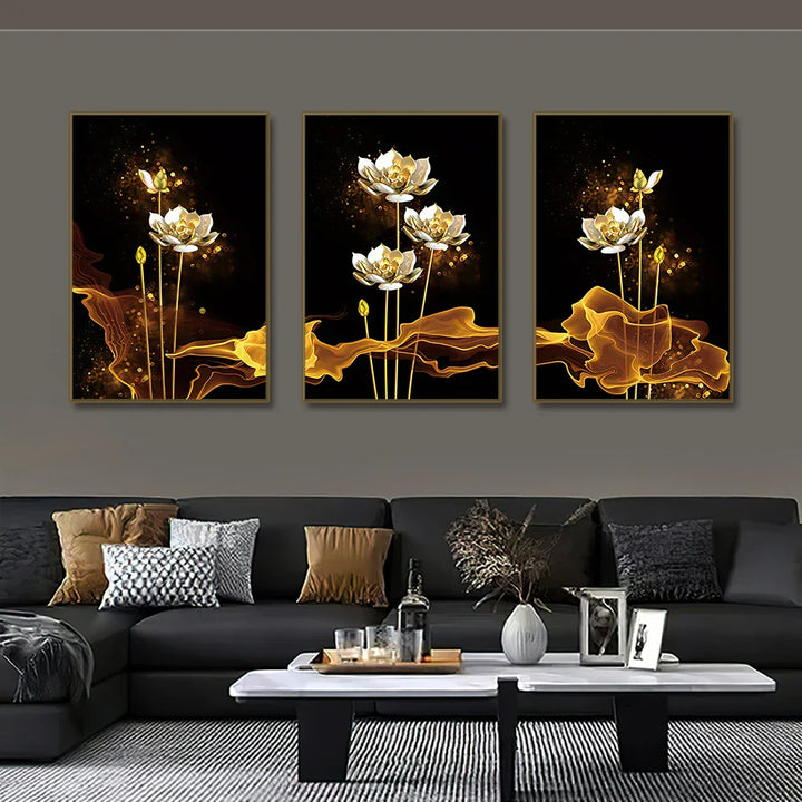 Sett med 3PCs Hvit Gylden Lotus Eksotisk Blomster Veggkunst Fin Kunst Lerret Utskrifter Eksotiske Botaniske Bilder for Luksuriøs Stue Spisestue Soverom Kunst Dekor | Skanto