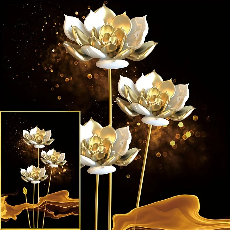Sett med 3PCs Hvit Gylden Lotus Eksotisk Blomster Veggkunst Fin Kunst Lerret Utskrifter Eksotiske Botaniske Bilder for Luksuriøs Stue Spisestue Soverom Kunst Dekor | Skanto