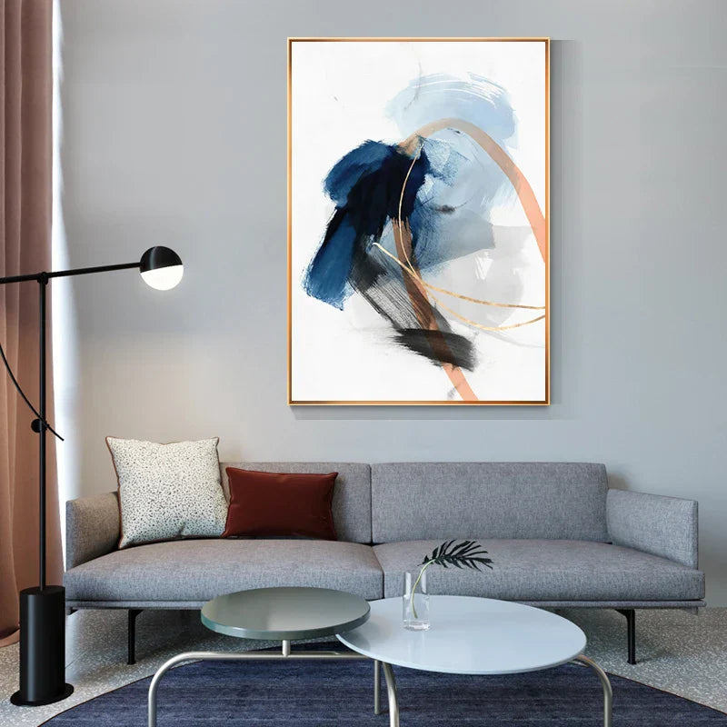 Moderne Abstrakt Bred Stroke Veggkunst Fine Art Lerret Trykk Blå Beige Med Hint Av Oransje Gull Nordiske Bilder For Stueinnredning | Skanto