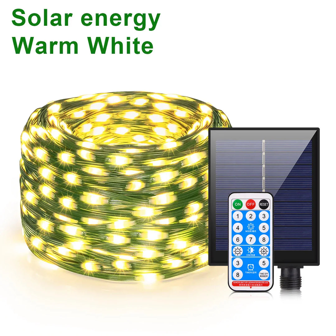 Skanto | Solar Lyslenke 100M LumiSol ProLine | 8 Modus | IP65 vannavstøtende | Ekstra lyse LED-lys | Fjernkontroll & rask lading | For hage, bryllup & jul