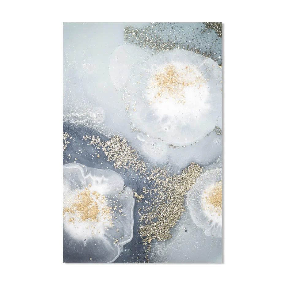 Blå Hvit Gylden Abstrakt Floral Veggkunst Fine Art Lerretsutskrifter Plakatbilde For Moderne Stue Soverom Nordisk Hjem Dekor | Skanto